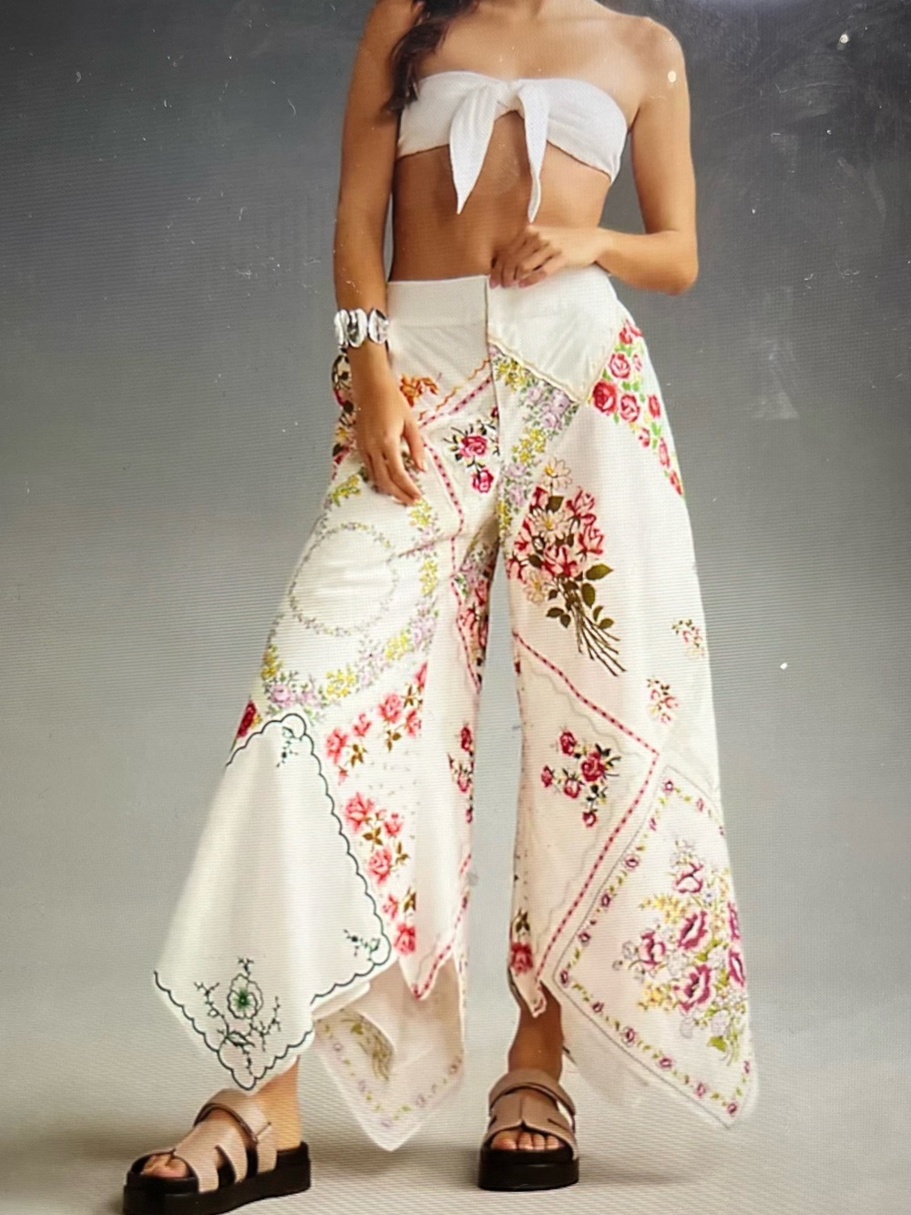 Anthropologie Patchwork Linen Wide-Leg Floral Handkerchiefs Pants